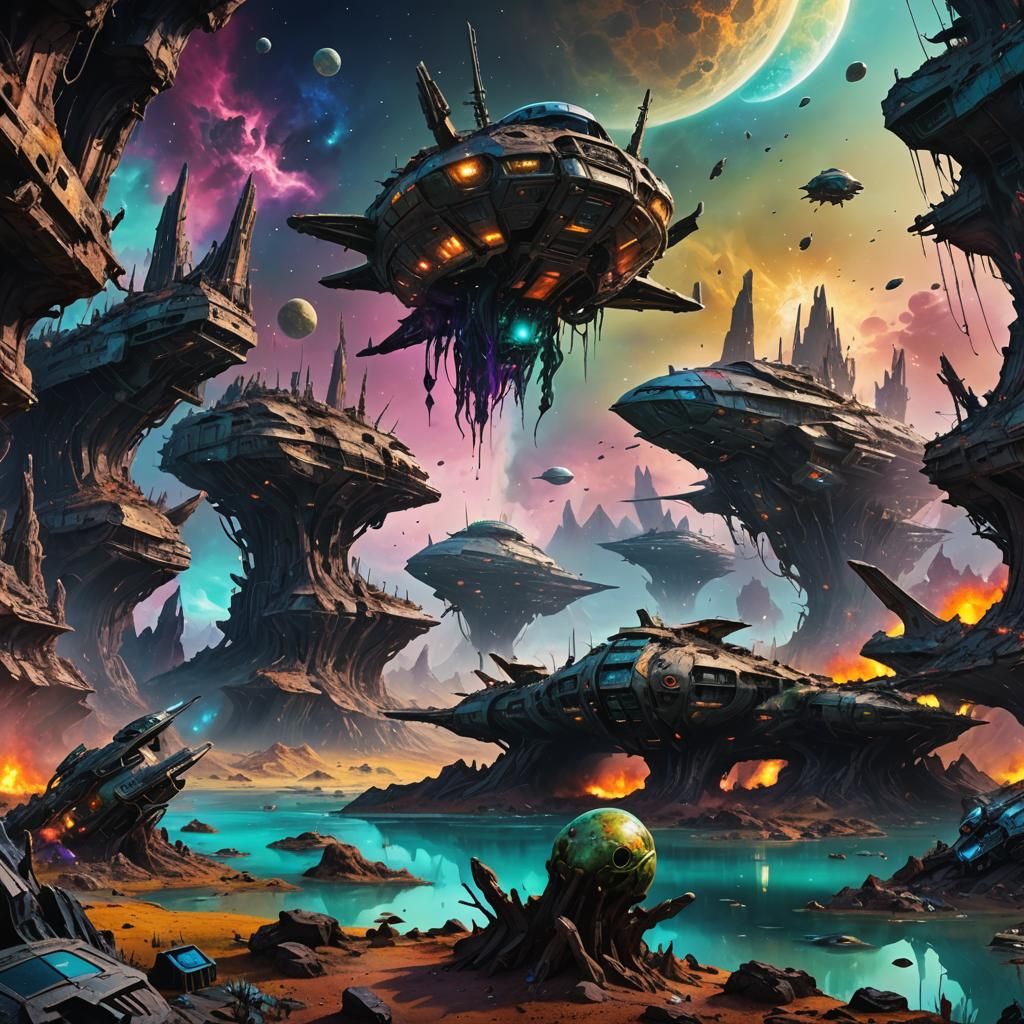 Alcohol Ink Alien Landscape with Wrecked Spaceships