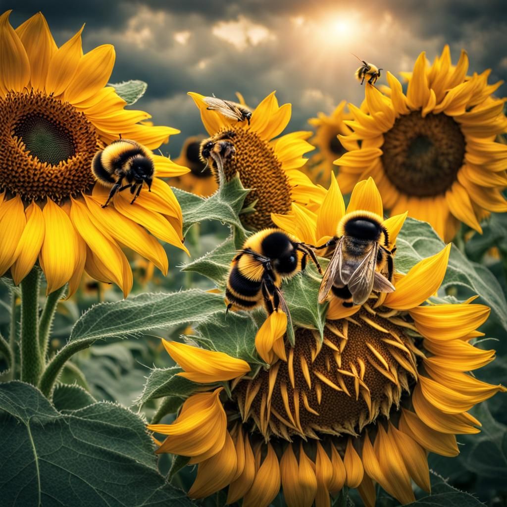Bumble Bees Pollinating Sunflowers in Hyperrealistic Detail