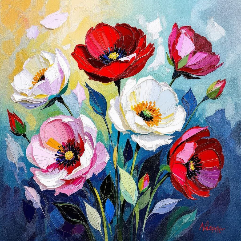 Vibrant Neo-Impressionist Flowers in Thick Acrylic Paint