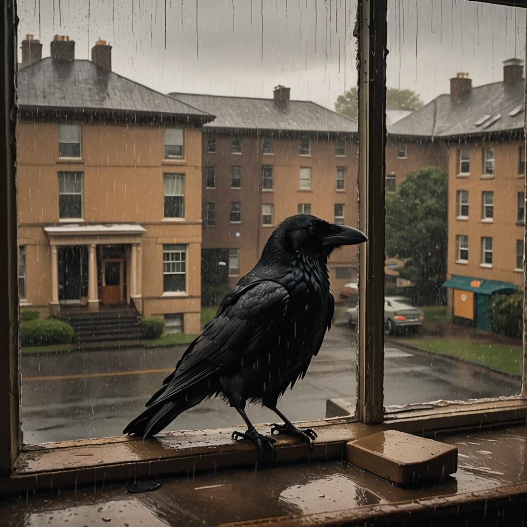 Raven Watching Cats Play in Rainy School, Magical Realism