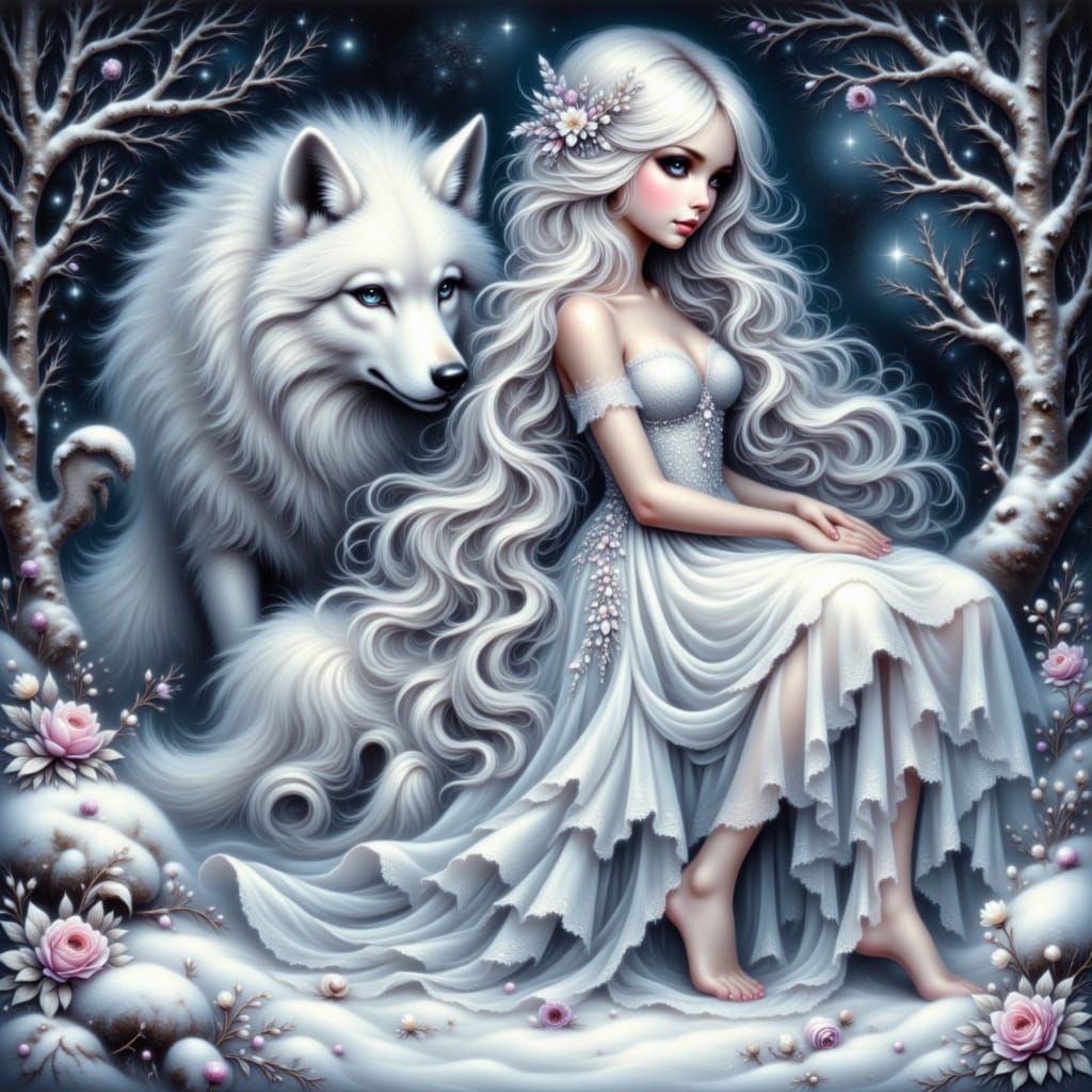 Ethereal Moonlight Woman and Wolf in Winter Forest