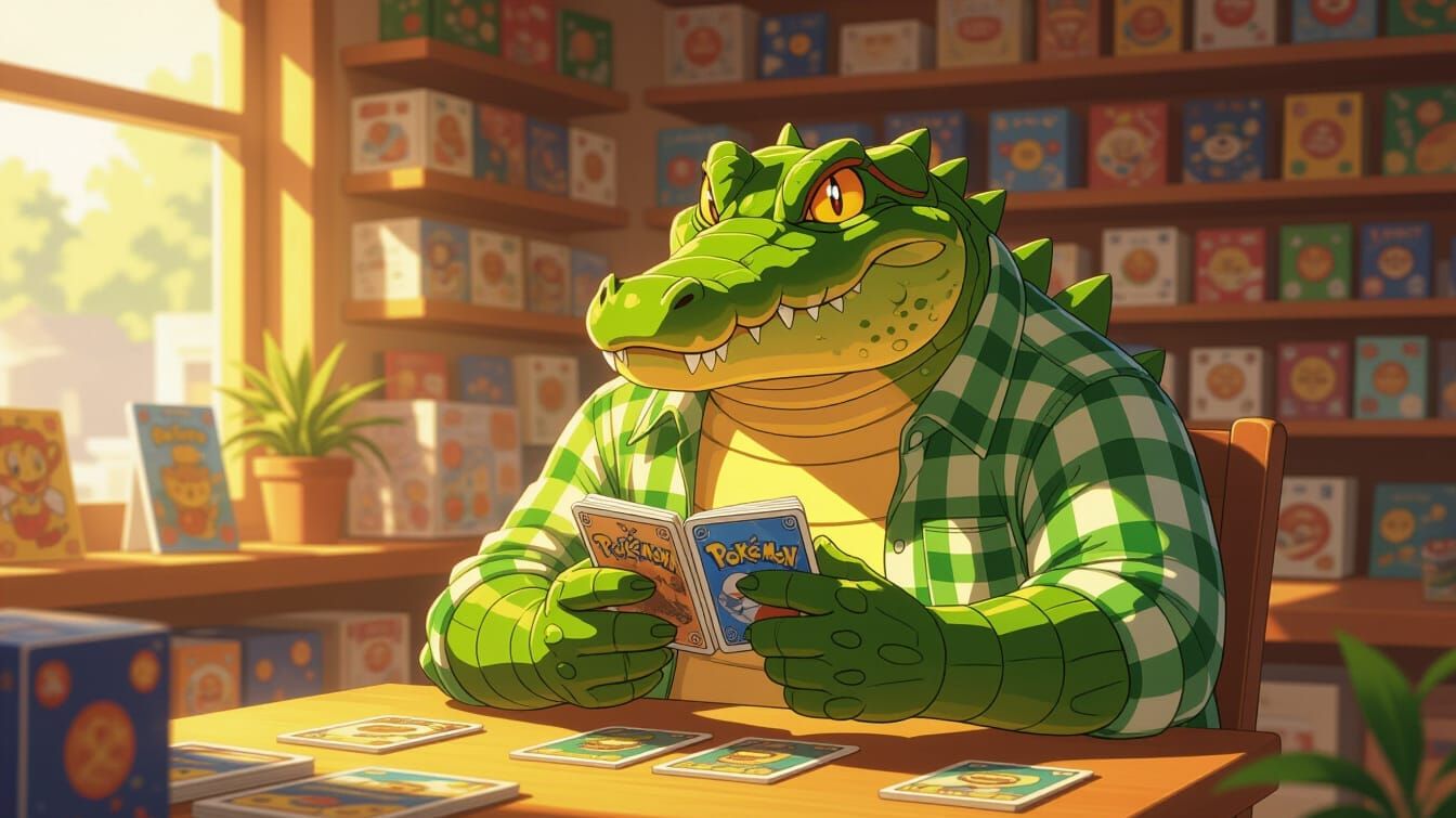 Alligator Man Plays Pokémon Cards in Cozy Game Store