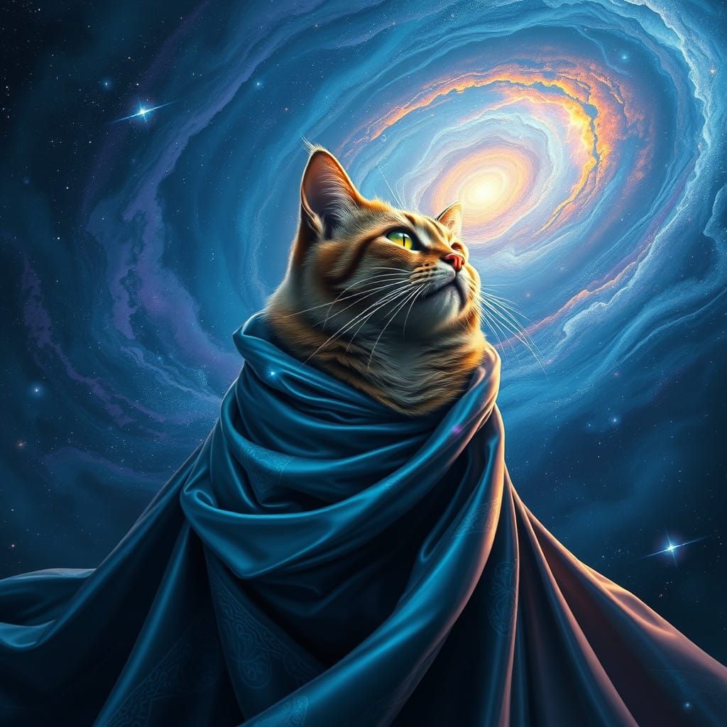 Majestic Galaxy Cat Contemplates Cosmic Vortex