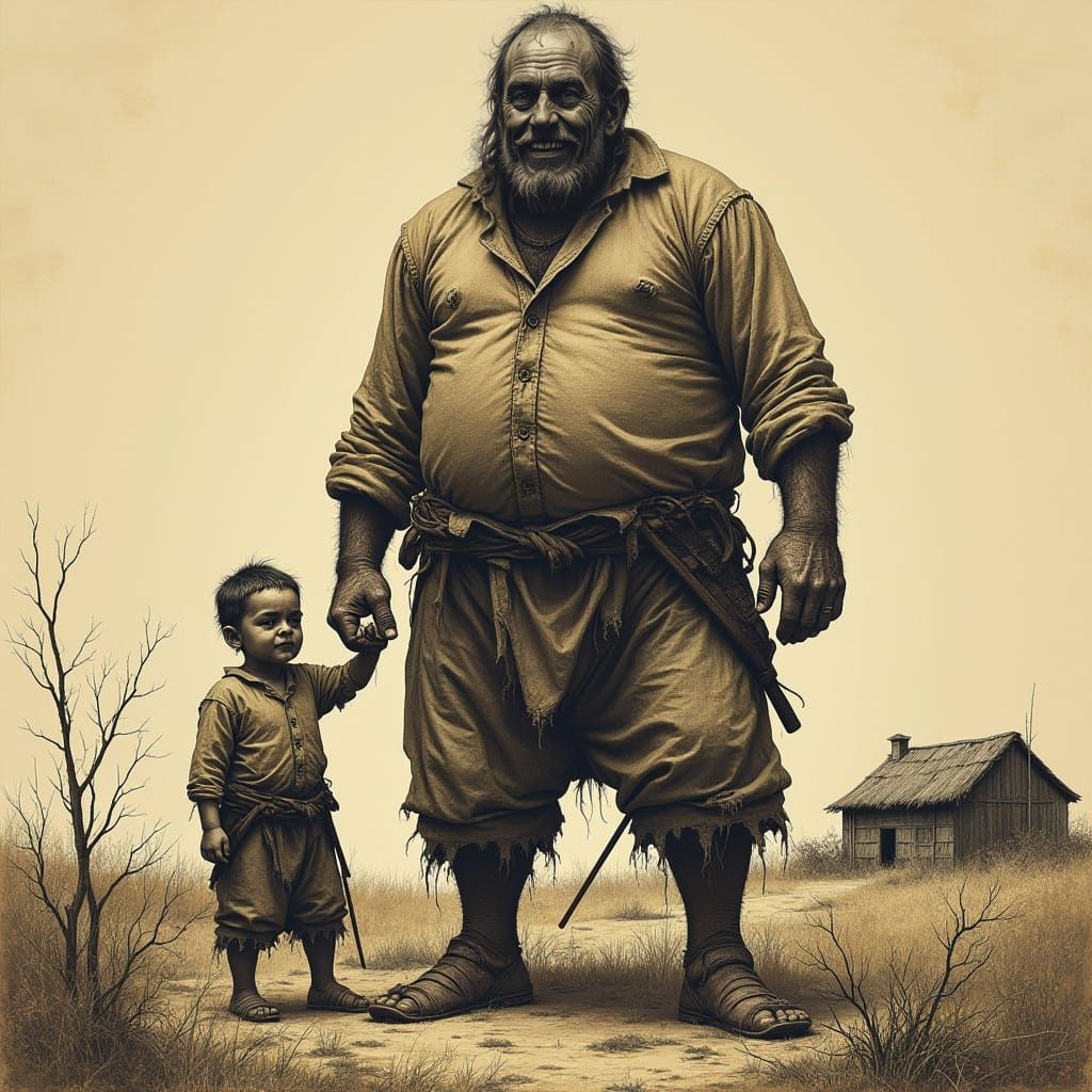 A Wood-Cut Poster of a Peasant Man and Child with Unsettling...