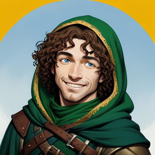 Portrait of an medieval male tallfellow halfling thief smiling, innocent bright blue eyes, high forehead, long curly lig...