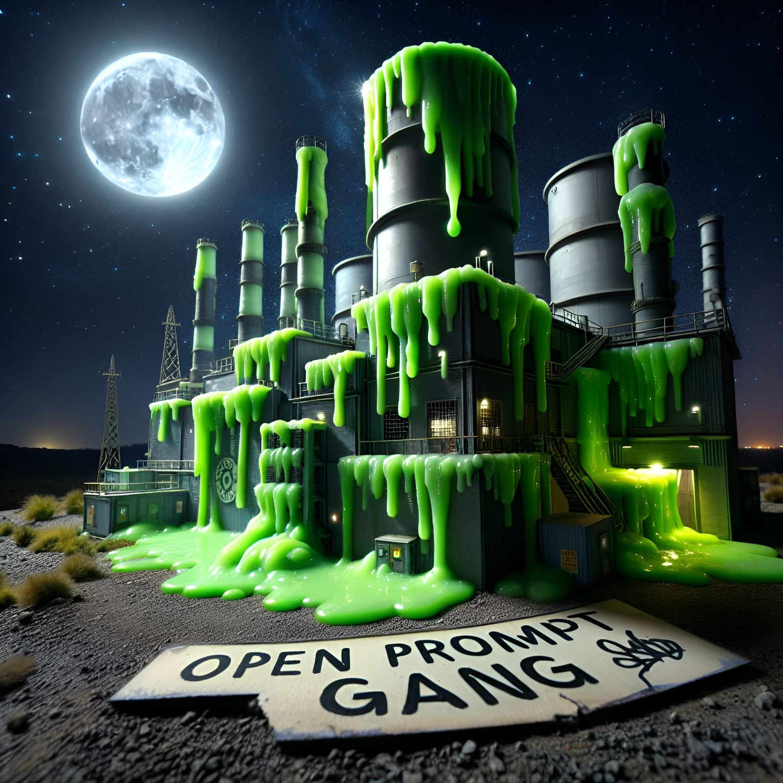 Surreal Slime Power Plant Under Moonlight