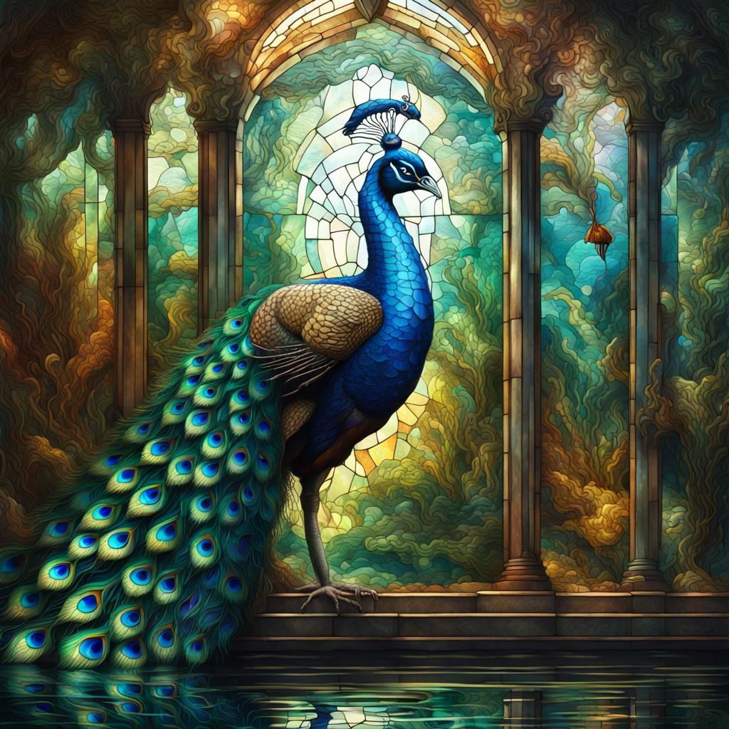 Underwater Stained Glass Mosaic of Peacock and King