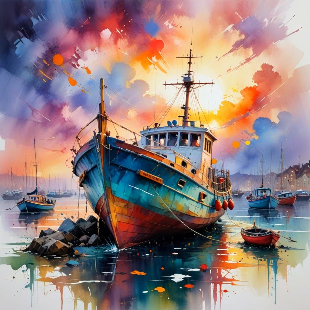 Sunset Harbour: Neo-Impressionist Impasto Oil Painting