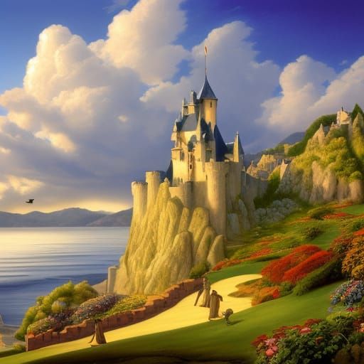 Fantasy City on Coastal Cliff as Digital Painting