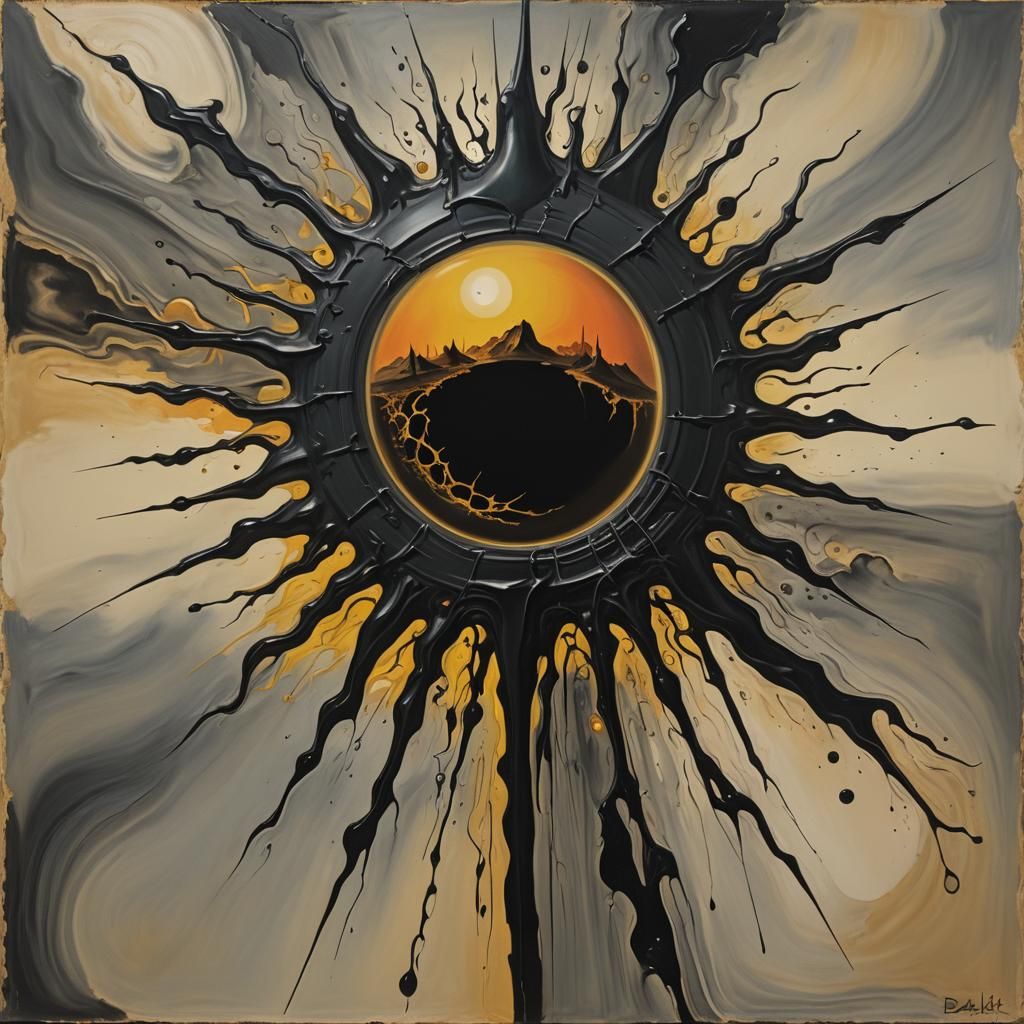 Surreal Black Sun in Melting Oil on Canvas