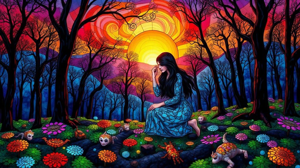 Stained Glass Forest with Swirling Nebulae and Bioluminescen...