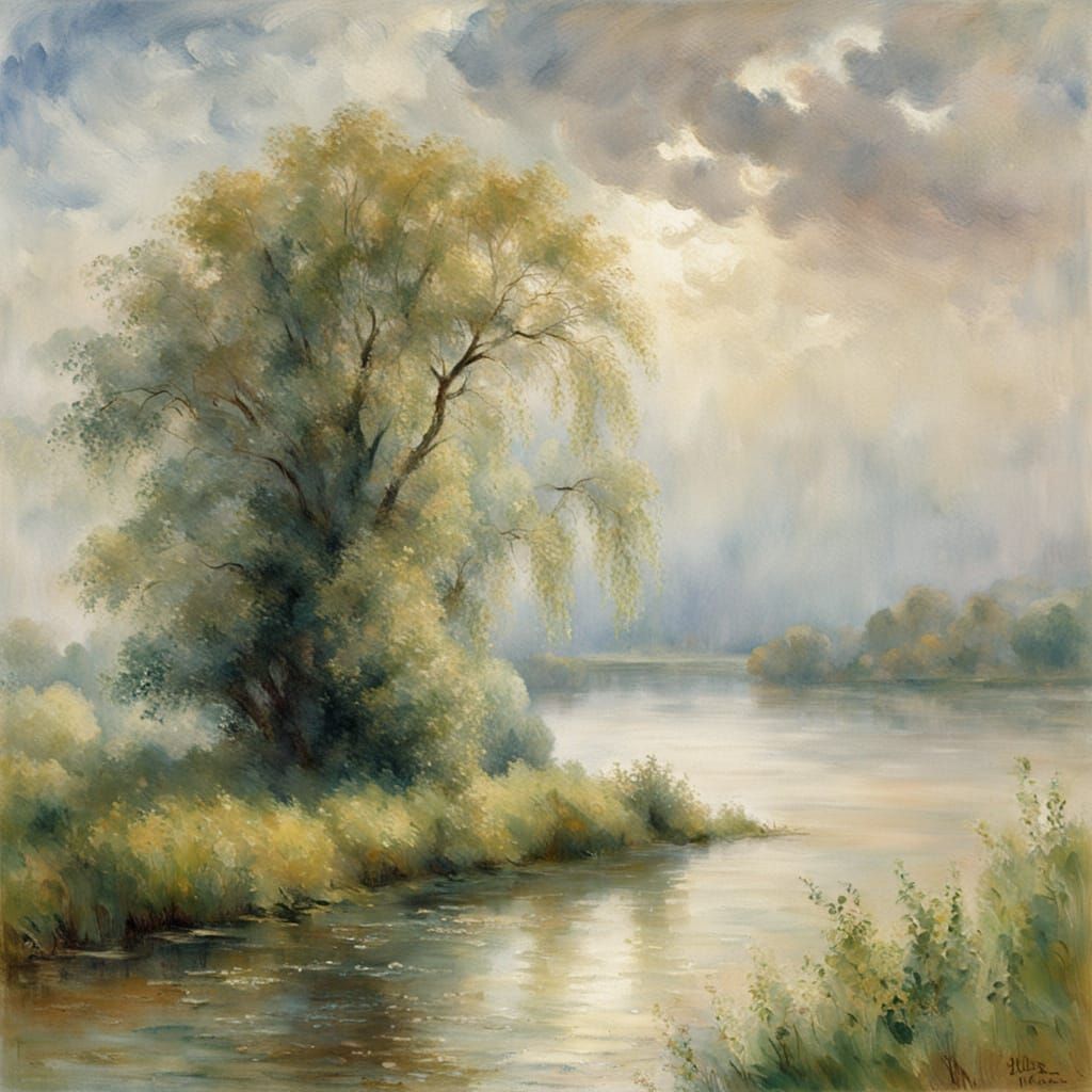 Serene Lake Shore in Soft Impressionist Brushstrokes