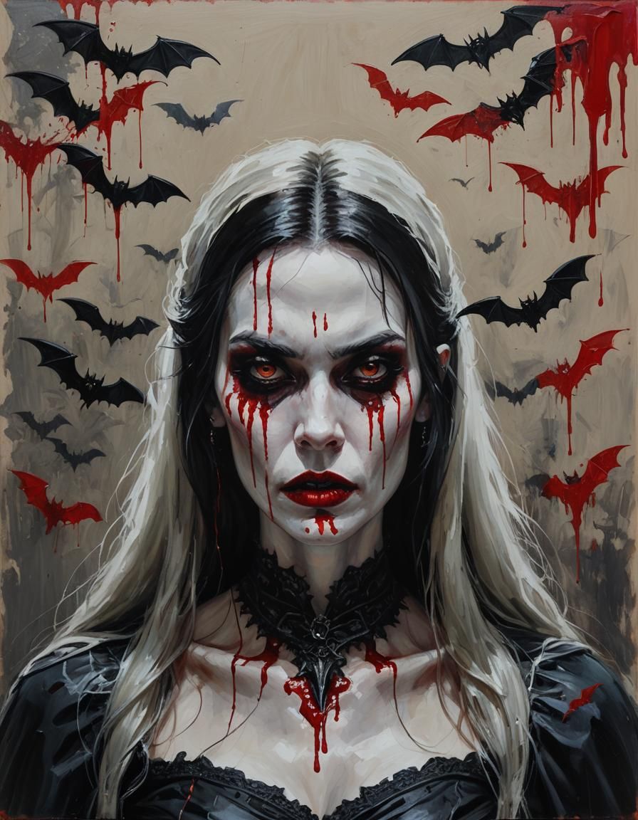 Gothic Vampire Portrait with Bats in Oil Painting Style