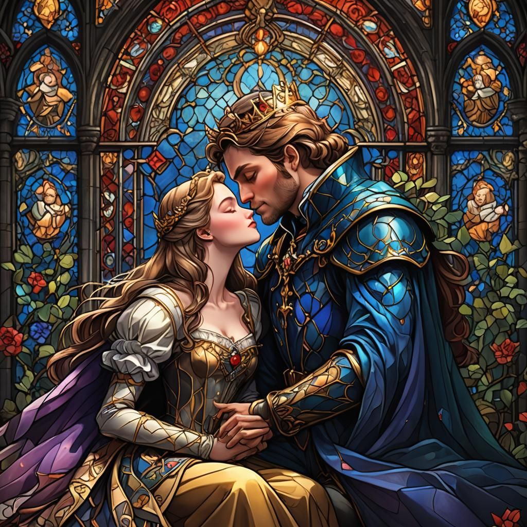 Prince Kisses Sleeping Beauty: Stained Glass Art