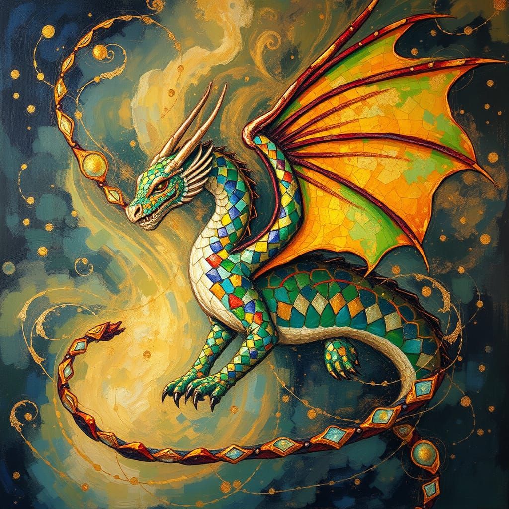 Dreamlike Mosaic Dragon in Golden Light