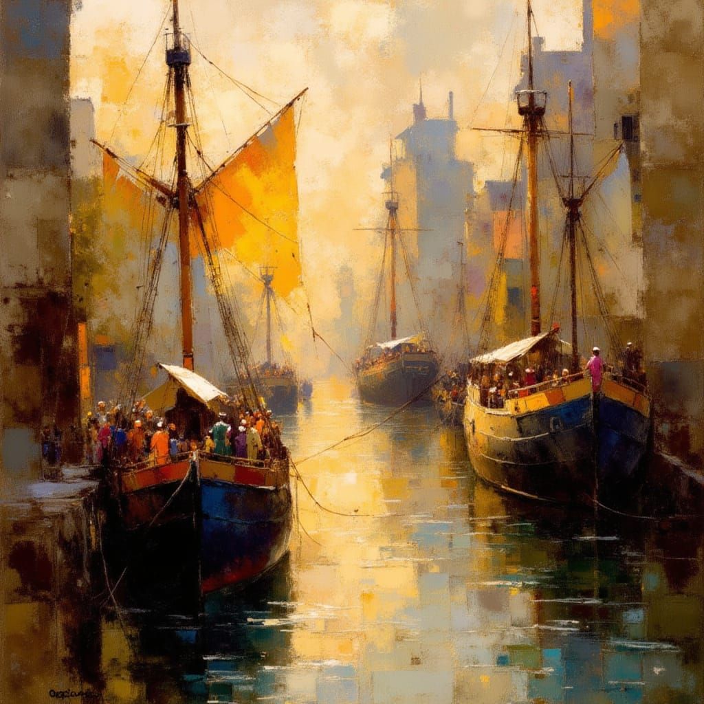 Ancient Harbor District at Sunrise in Ultra-Realistic Style