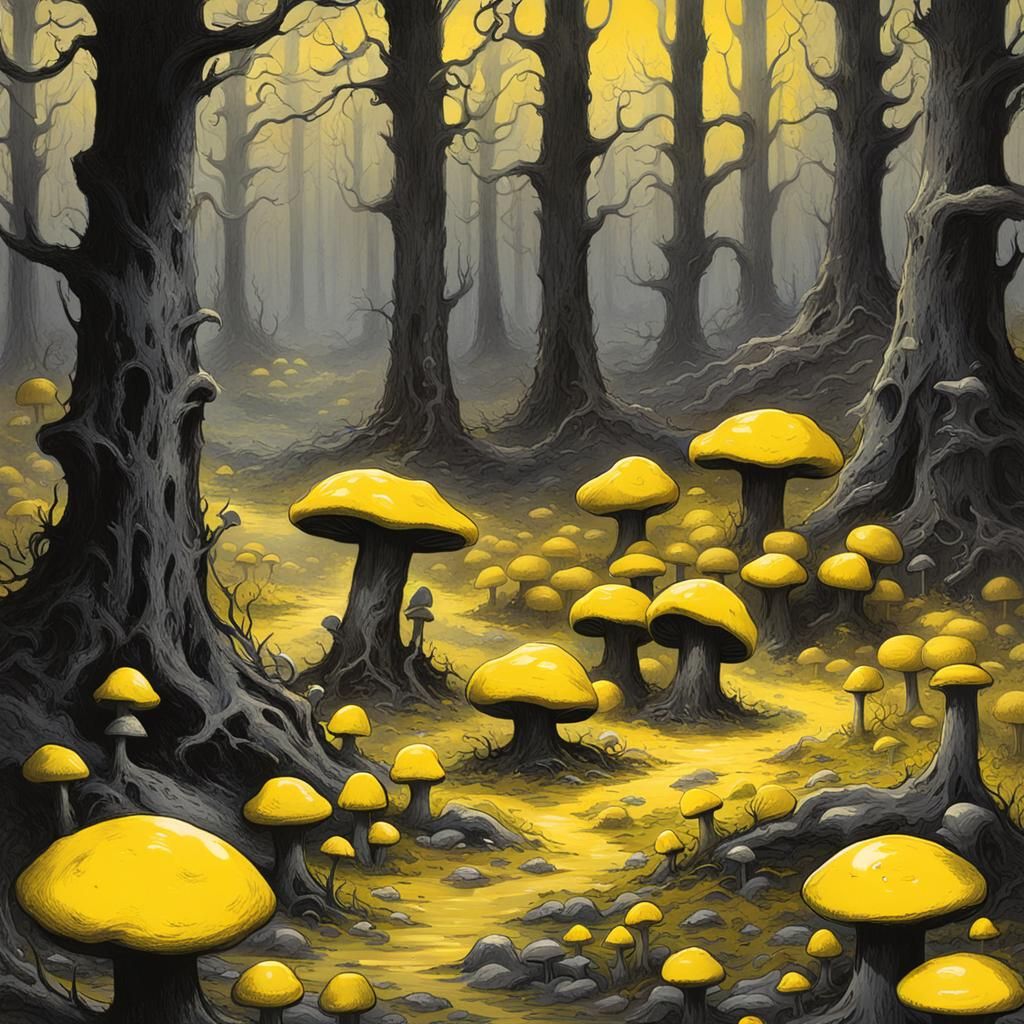 Yellow Slime in Black and Silver Mushroom Forest