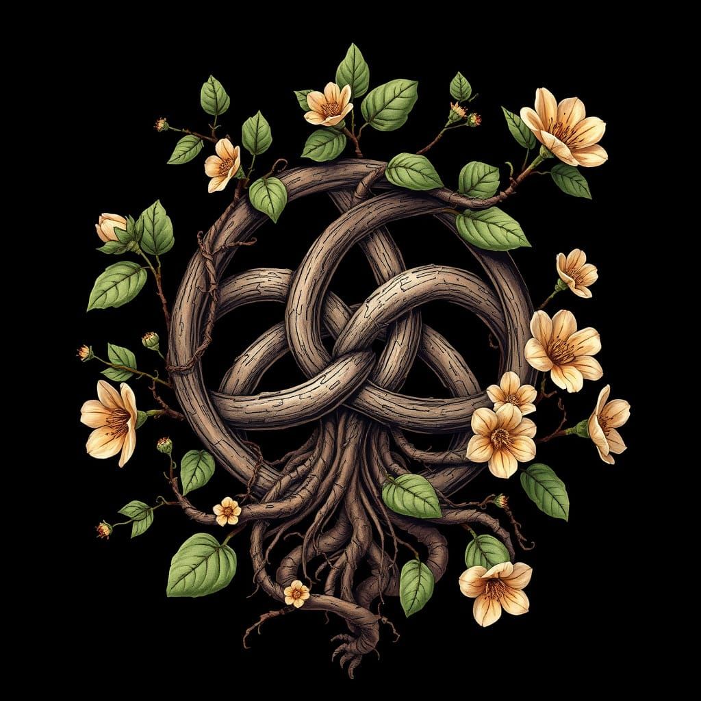 Celtic Knot with Vines and Flowers, Botanical Illustration