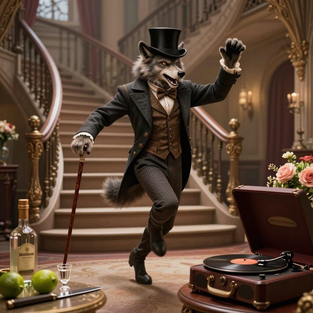 Dapper Werewolf Dances Down Stairs in Elegant Suit