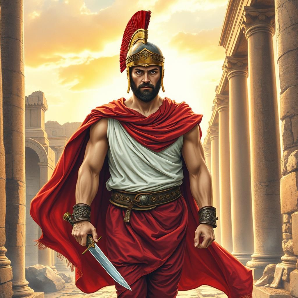 Roman Legionary in Ruined Cityscape: Detailed Illustration