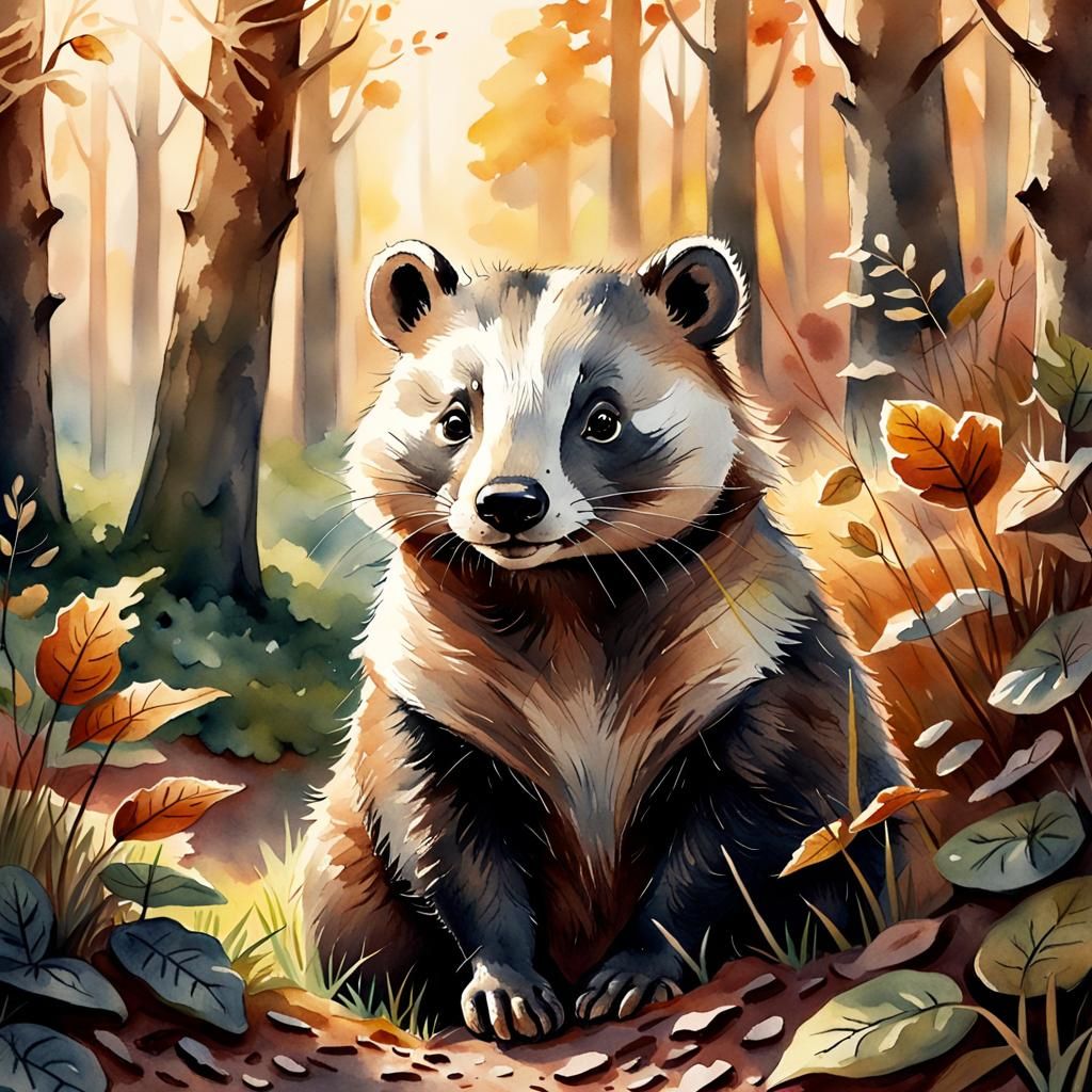 Badger Portrait in Forest Glade, Beatrix Potter Style