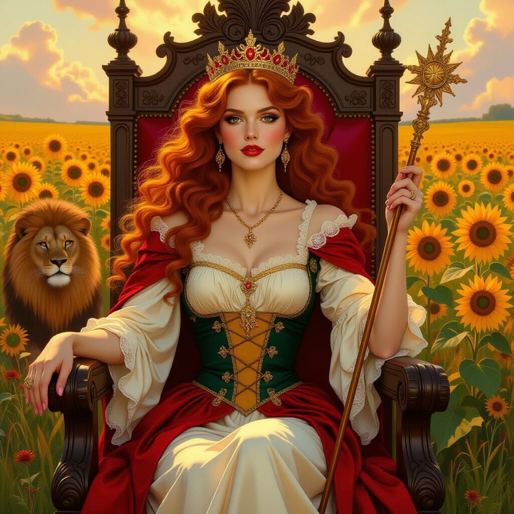 Queen of Wands in Sun-Drenched Meadow