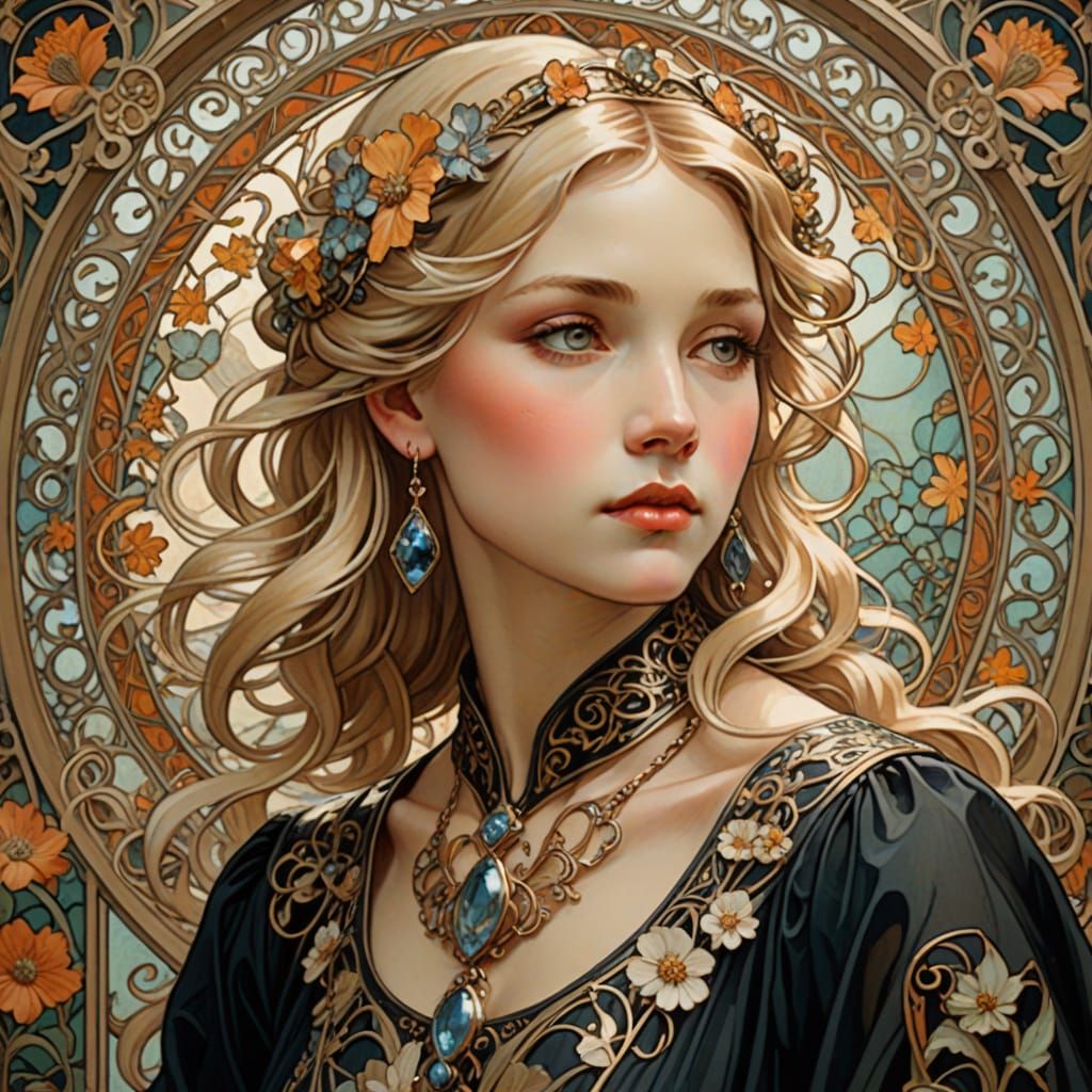 Art Nouveau Woman with Roses in Vintage Street