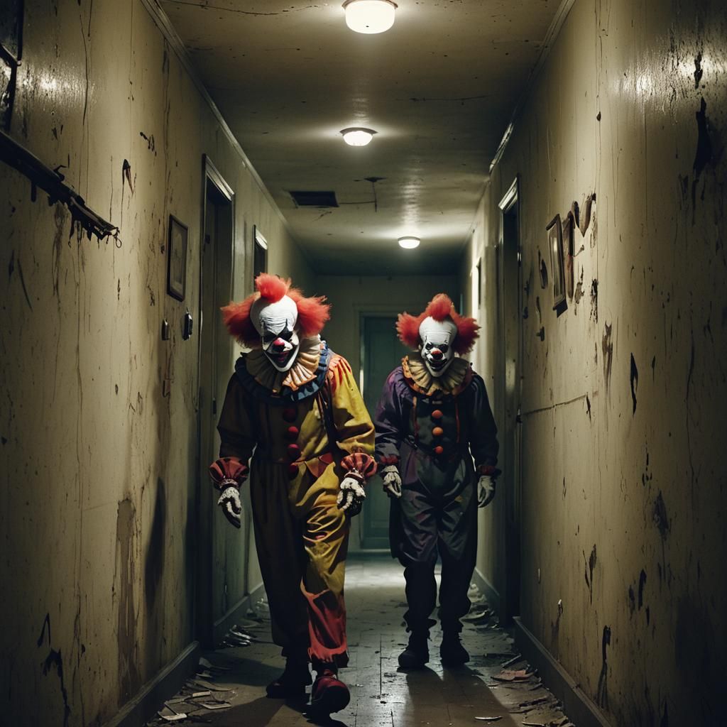 Creepy Evil Clown Lurking in Dimly Lit Hallway