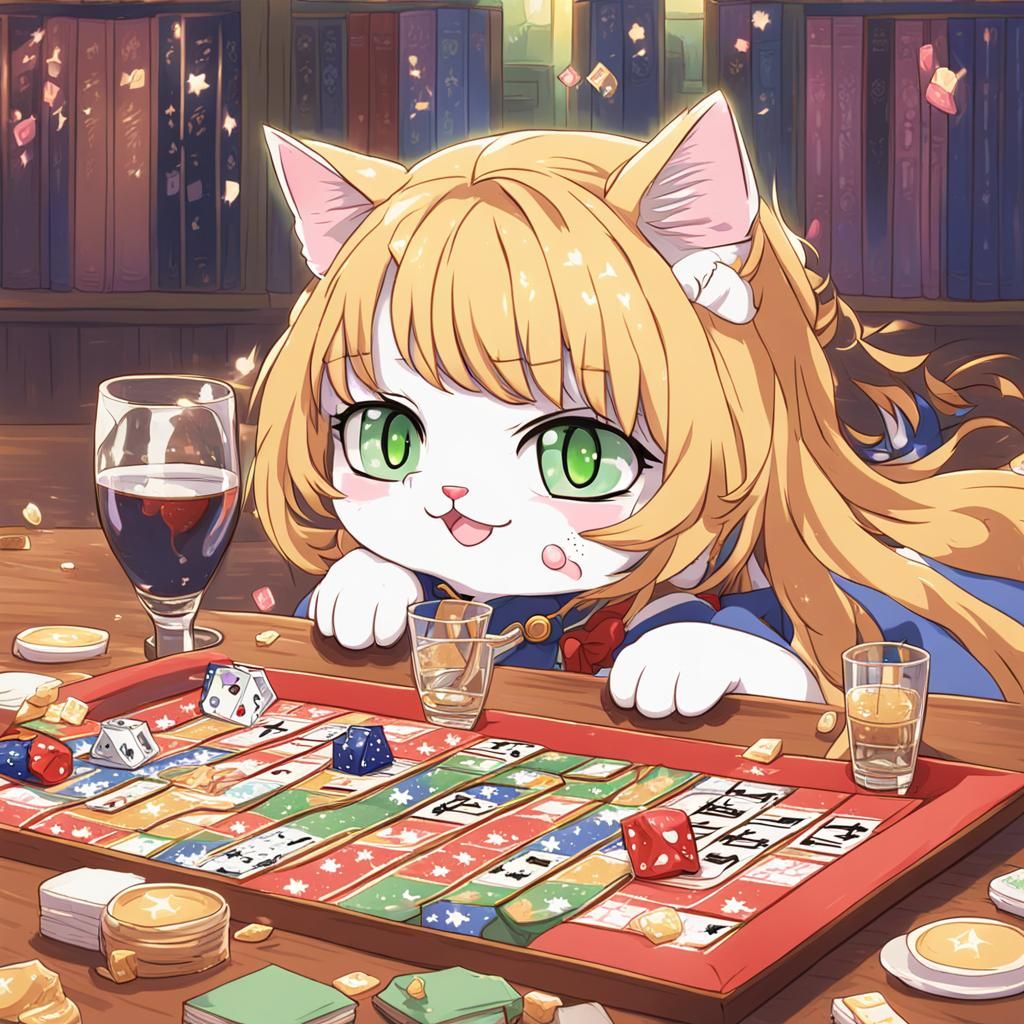 Anime Princess Cat Playing Board Games