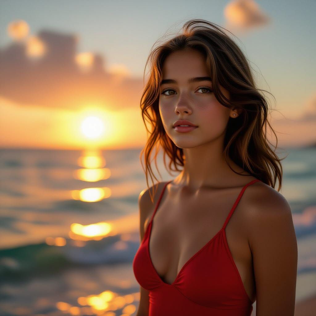 Teenage Girl in Red Swimsuit at Golden Hour Ocean Sunset