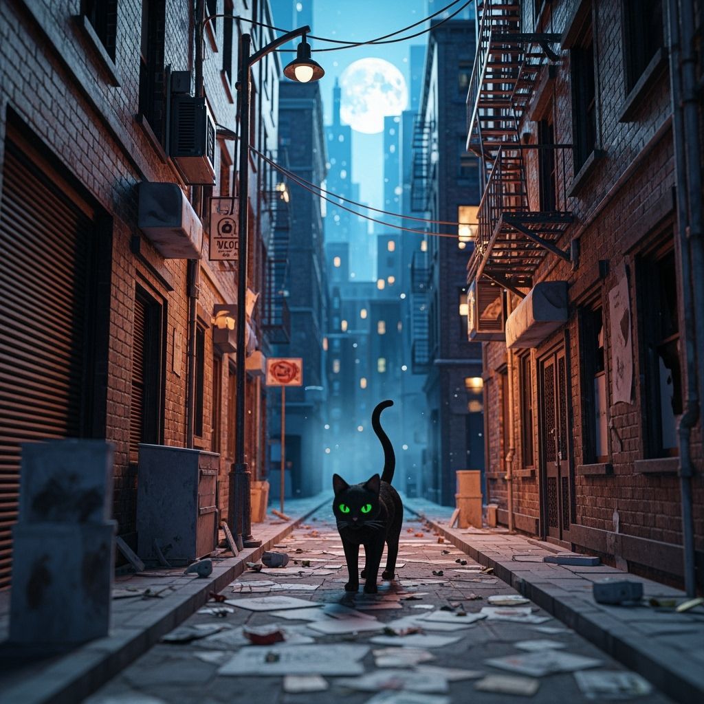 Black Cat in Moonlit Alley with Anime Aesthetic