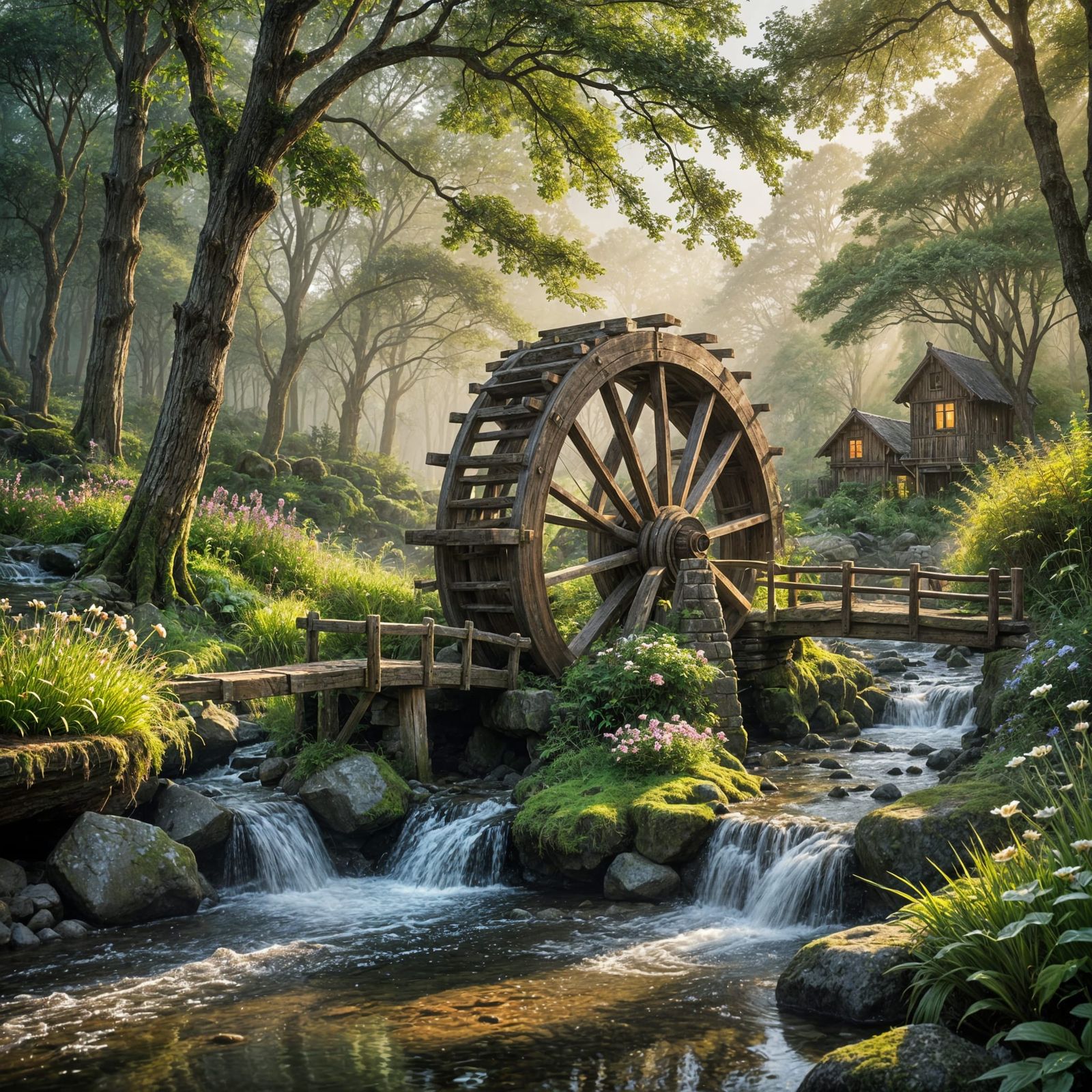 Serenely Turning Ancient Wooden Waterwheel in a Forest Strea...