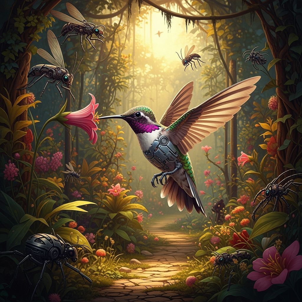 Cyborg Hummingbird in Biomechanical Art Nouveau Garden