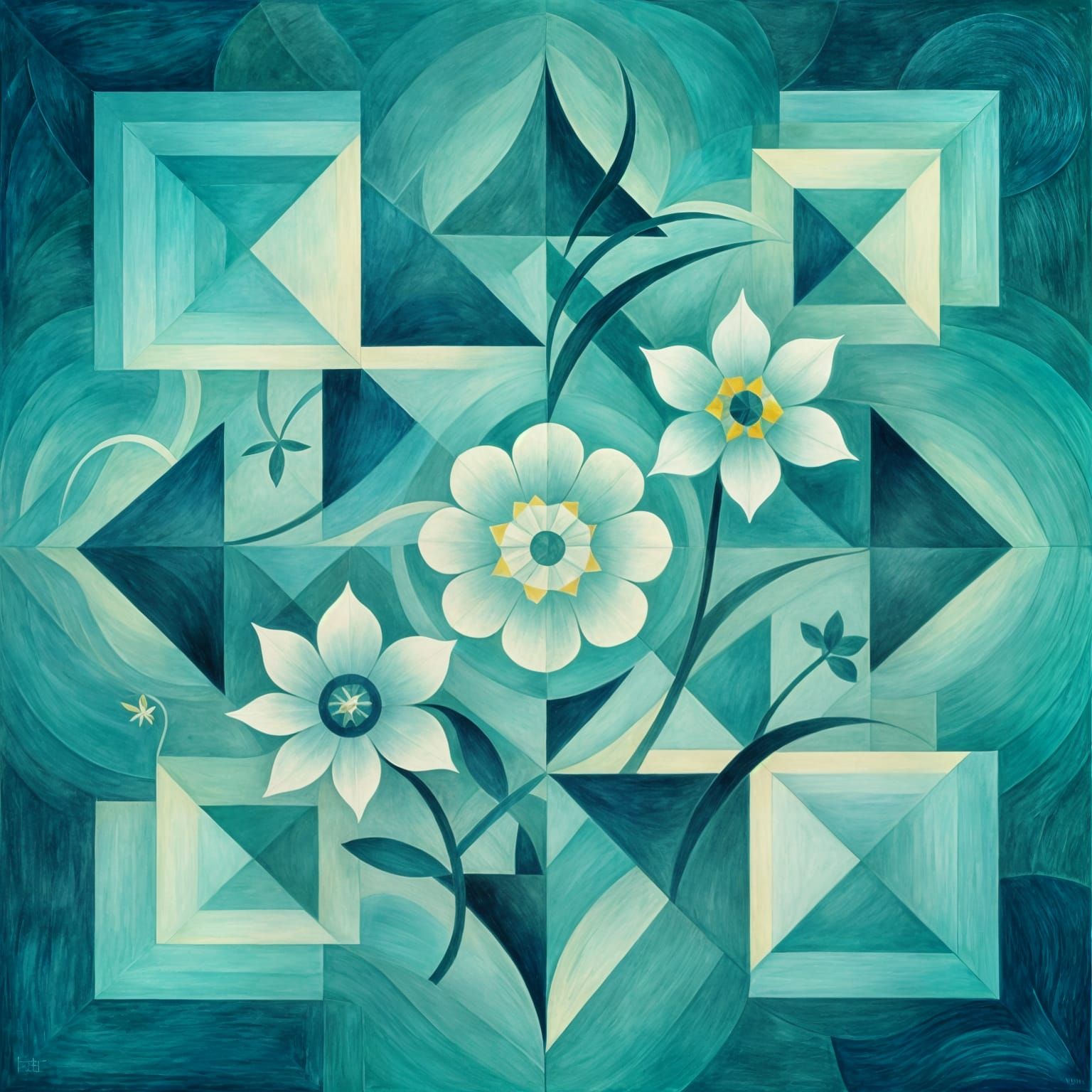 Biophilic Neo-Cubist Art with Blooming Flowers in Teal
