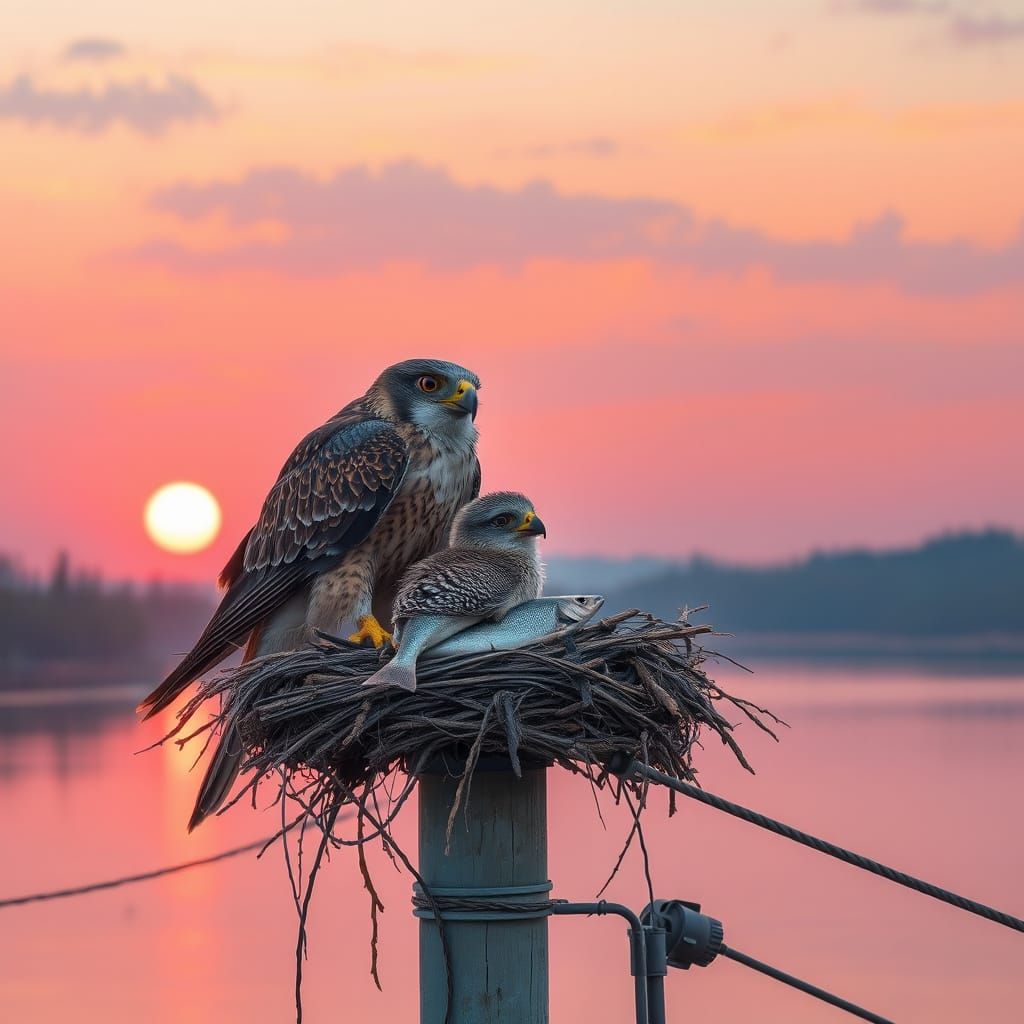 Falcon Family at Sunset: Wildlife Art