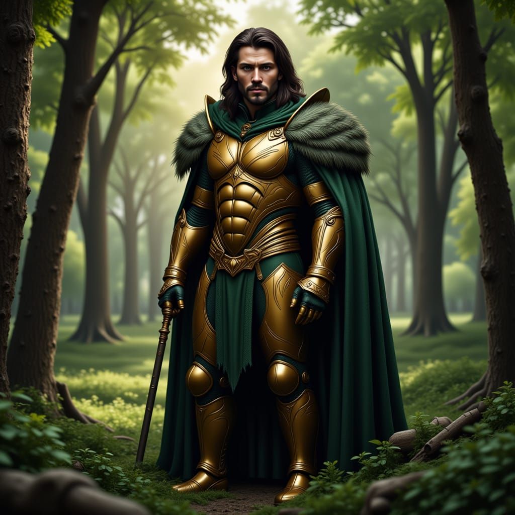 Hyperrealistic Siegfried in Forest with Volumetric Lighting