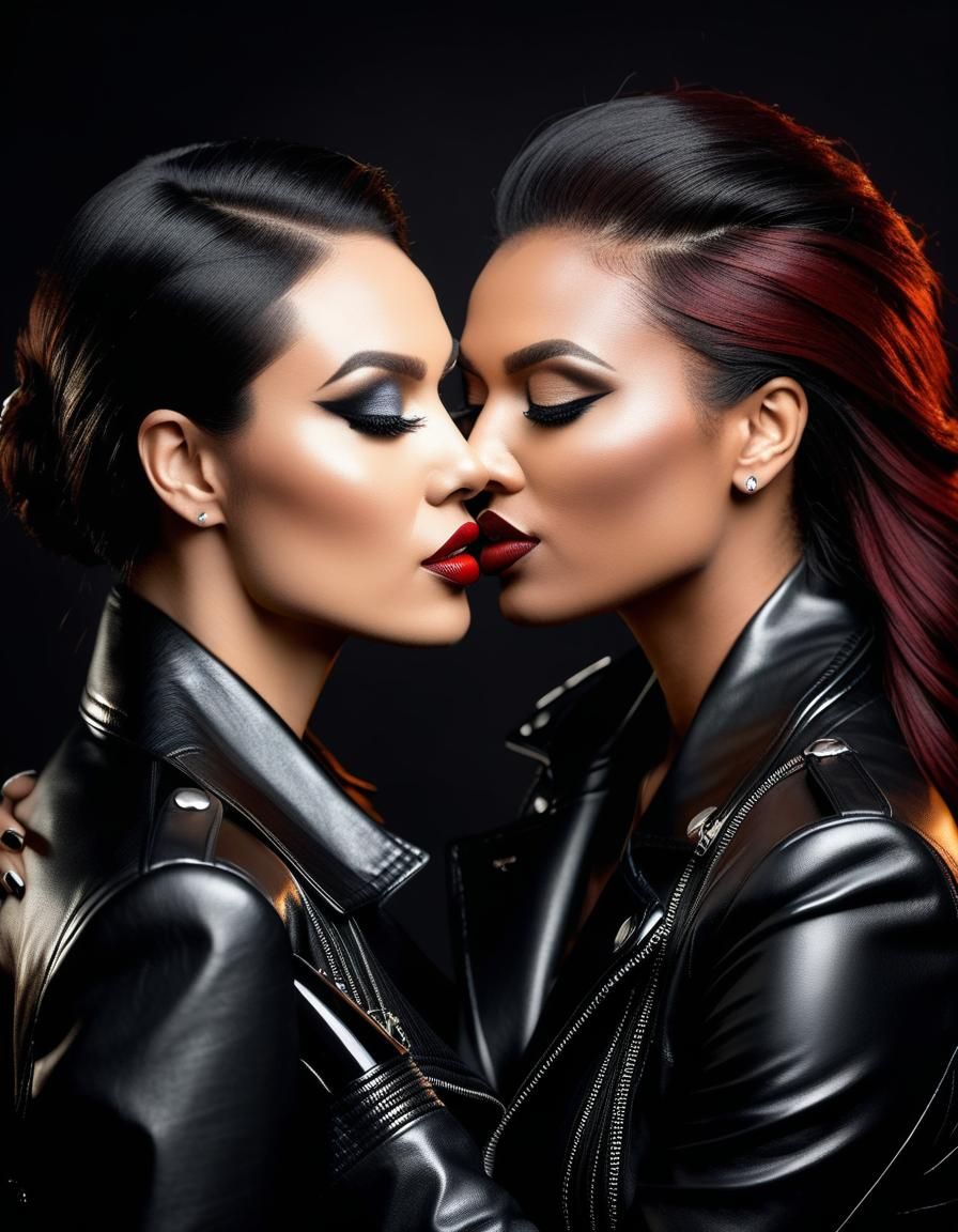 Girlfriends in Black Leather Embrace: Realistic Photo