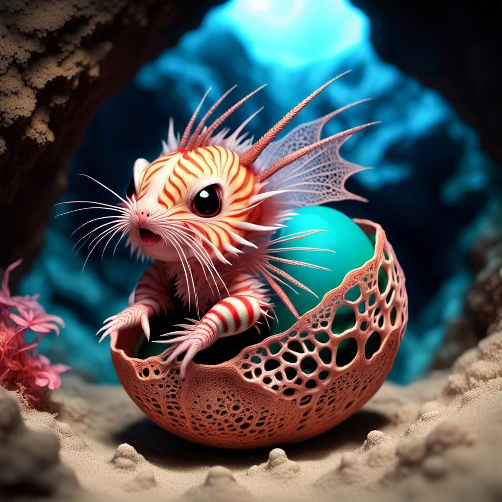 Bizarre Dragon Lionfish Hybrid Hatching in Anime Style