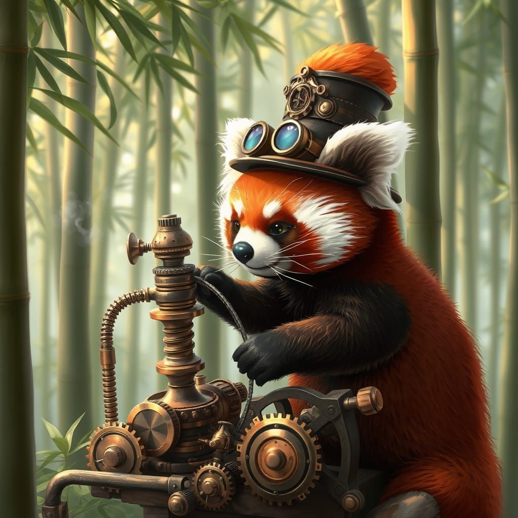 Steampunk Red Panda Inventor in Bamboo Forest