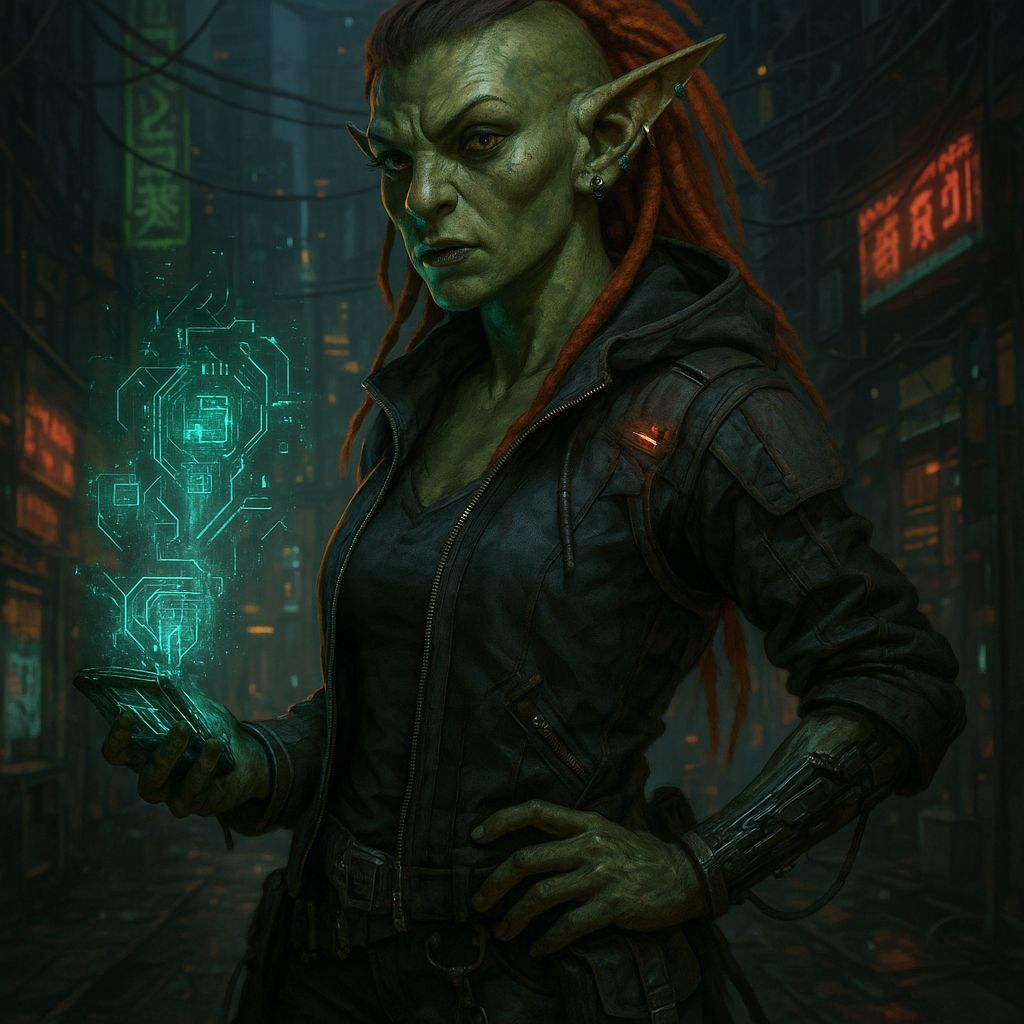 Shadowrun Female Hobgoblin Technomancer in Cyberpunk Style