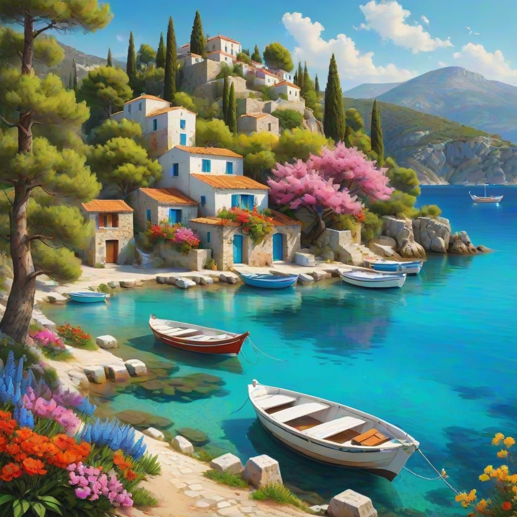 Spring Landscape: Greek Village by the Turquoise Sea