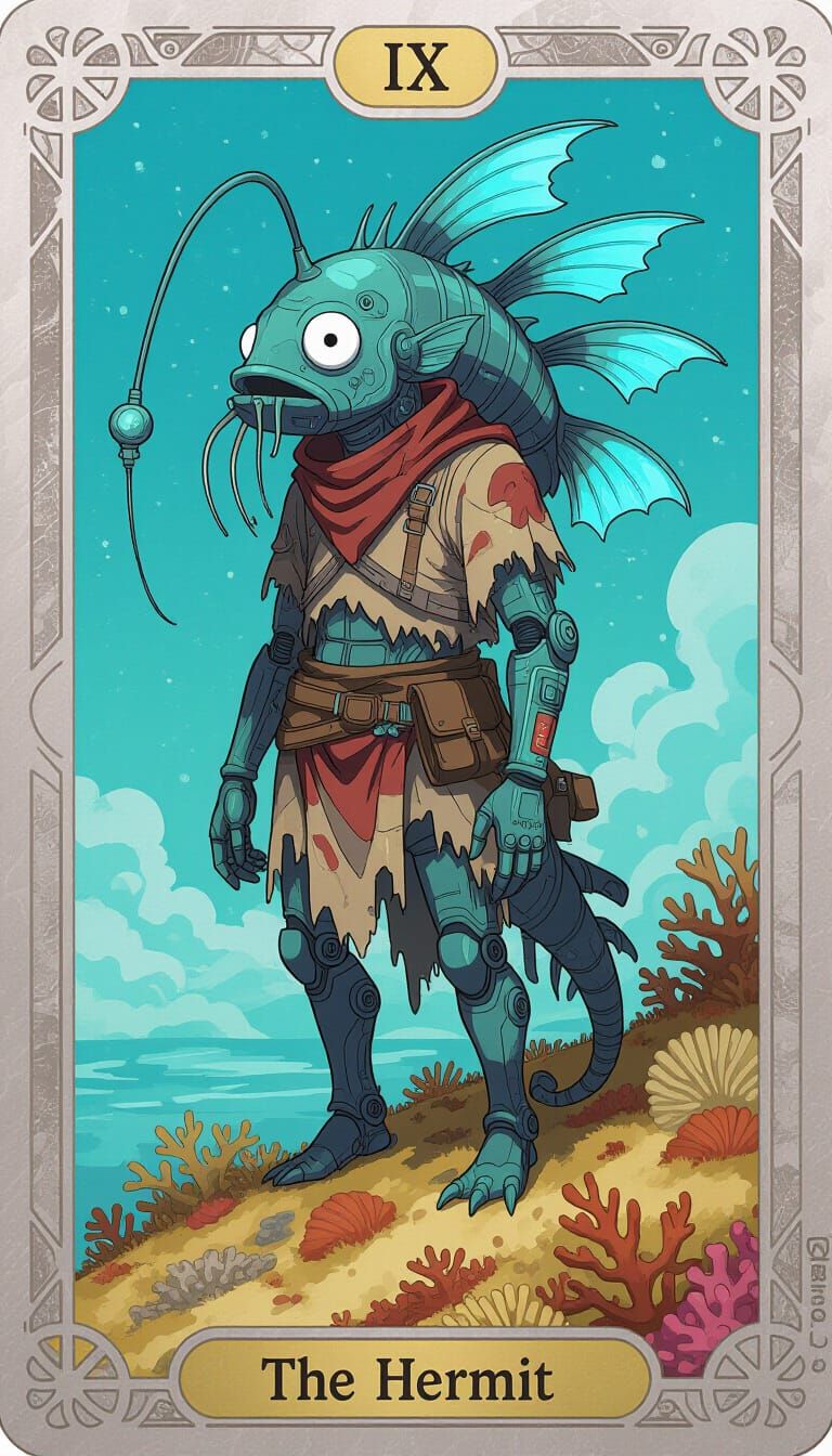Cyberpunk Hermit Tarot Card with Anglerfish Creature