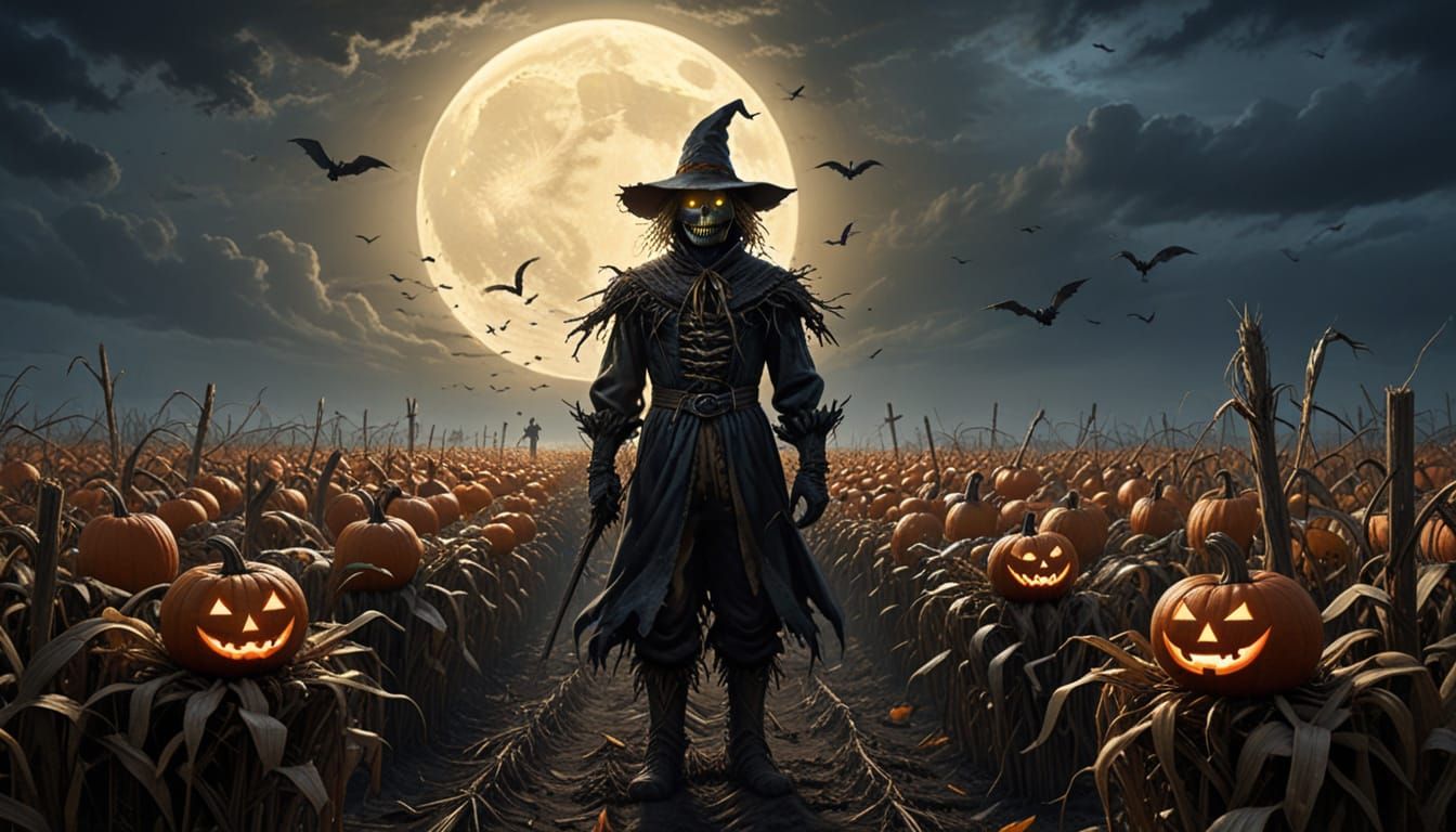 Menacing Scarecrow with Skull Face in Haunted Cornfield