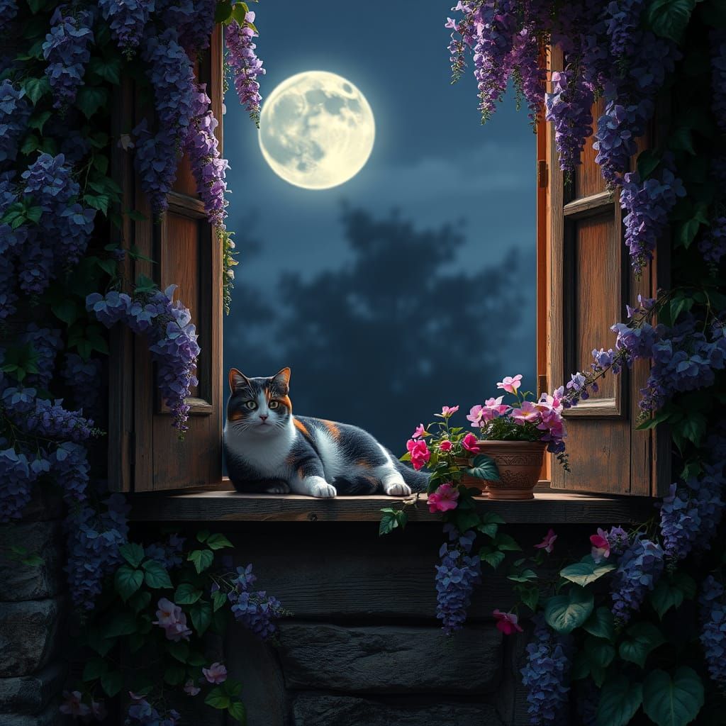 Calico Cat in Wisteria Moonlight: Fantasy Concept Art