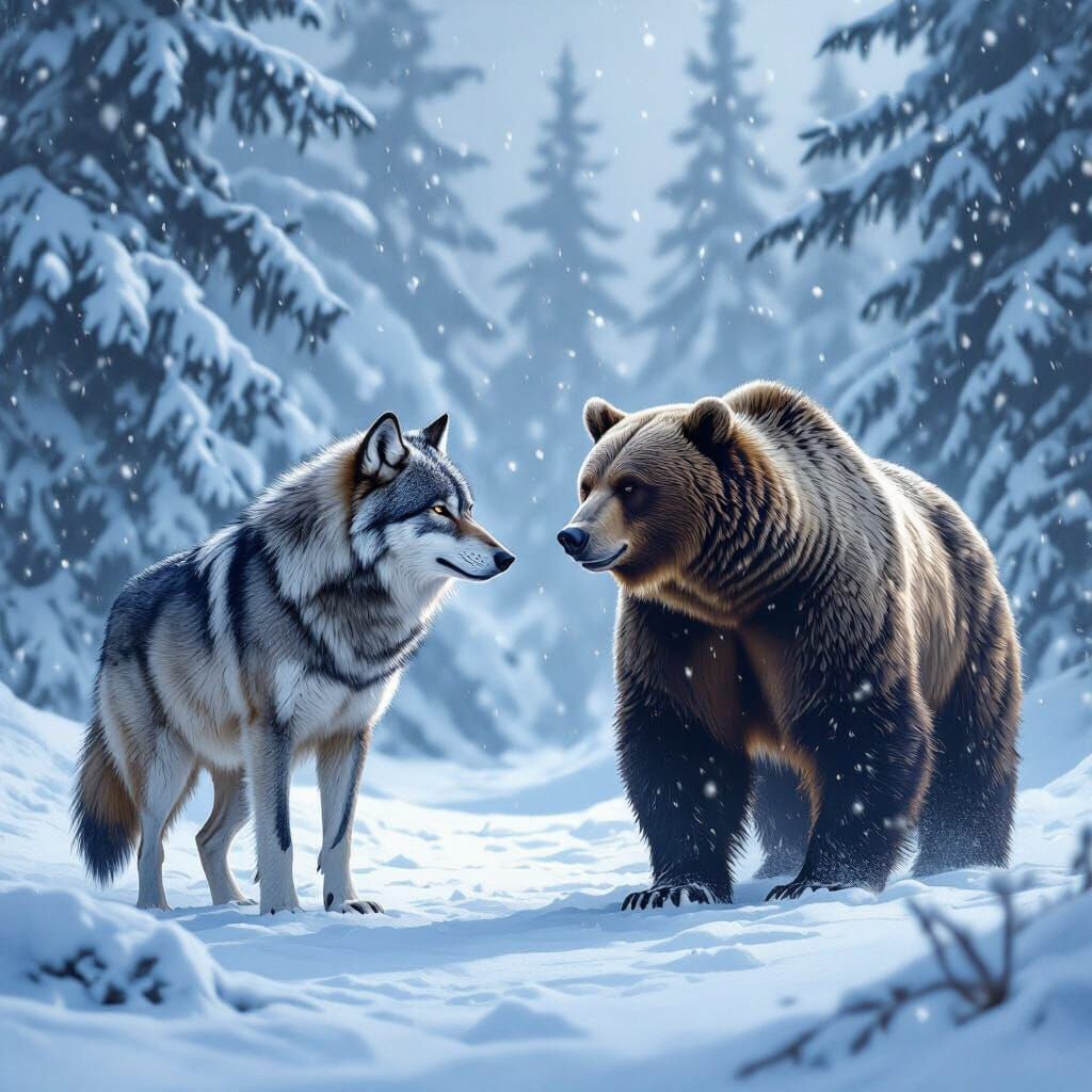 Wolf and Bear Brave Fierce Snow Storm in Forest
