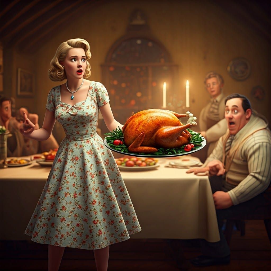 1950s Housewife's Thanksgiving Disaster in 3D Art