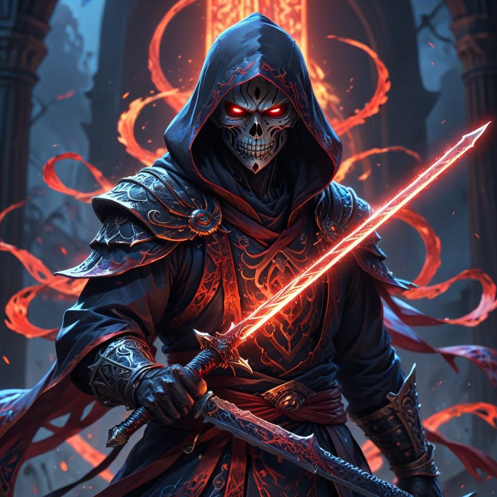 Soul Reaper Wields Glowing Sword in Crimson Sapphire Light