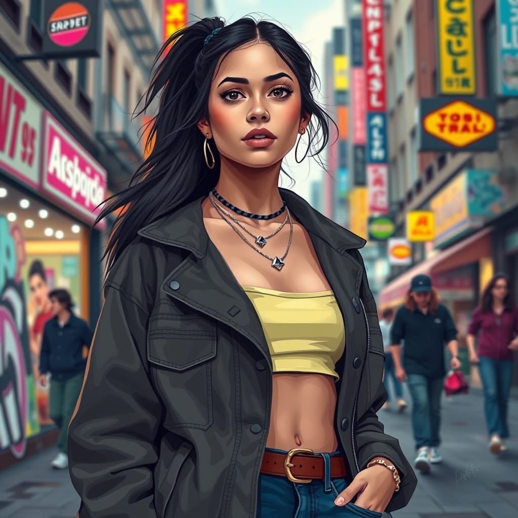 Confident Woman in Vibrant City Street, Digital Graffiti Sty...