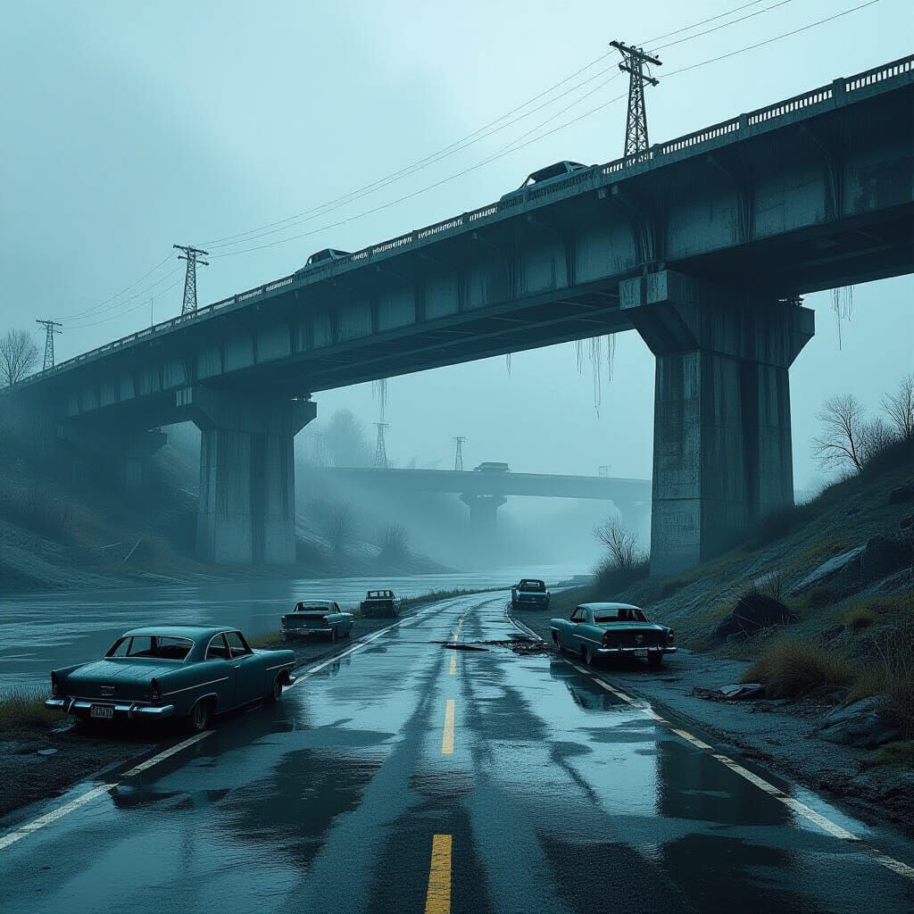 Post-Apocalyptic Bridge Over Smoggy River in Sci-Fi Style