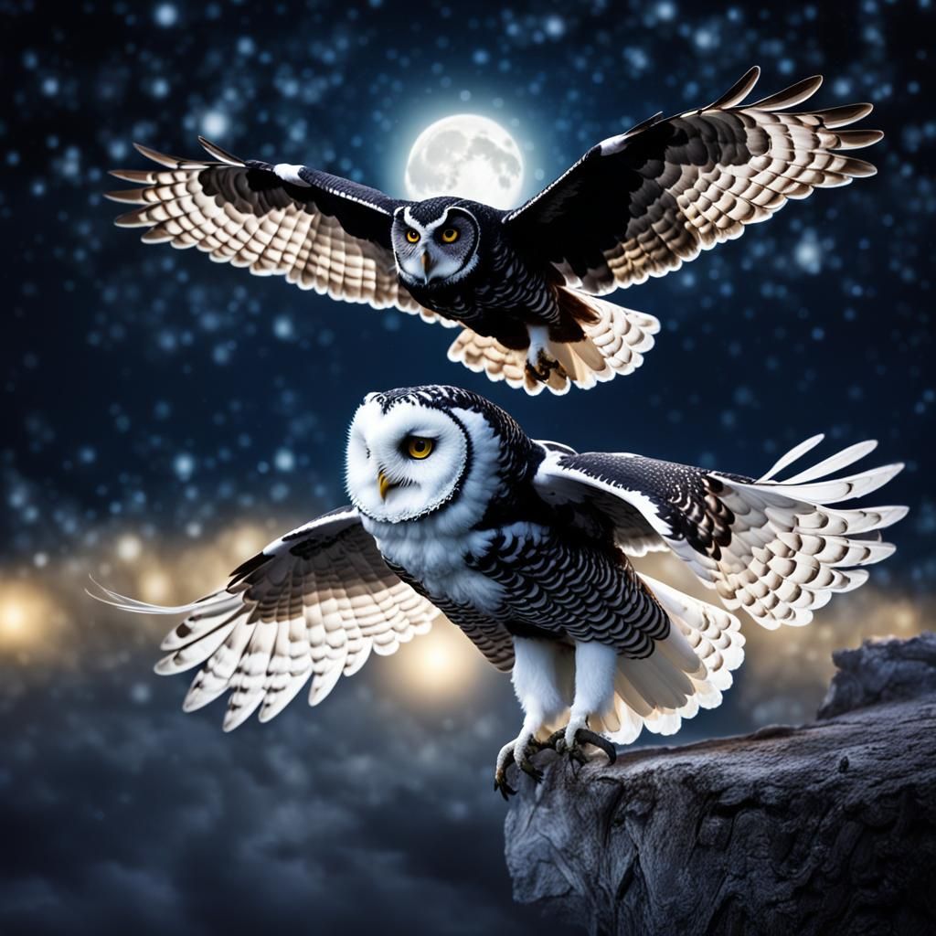 Black and White Owls in Flight